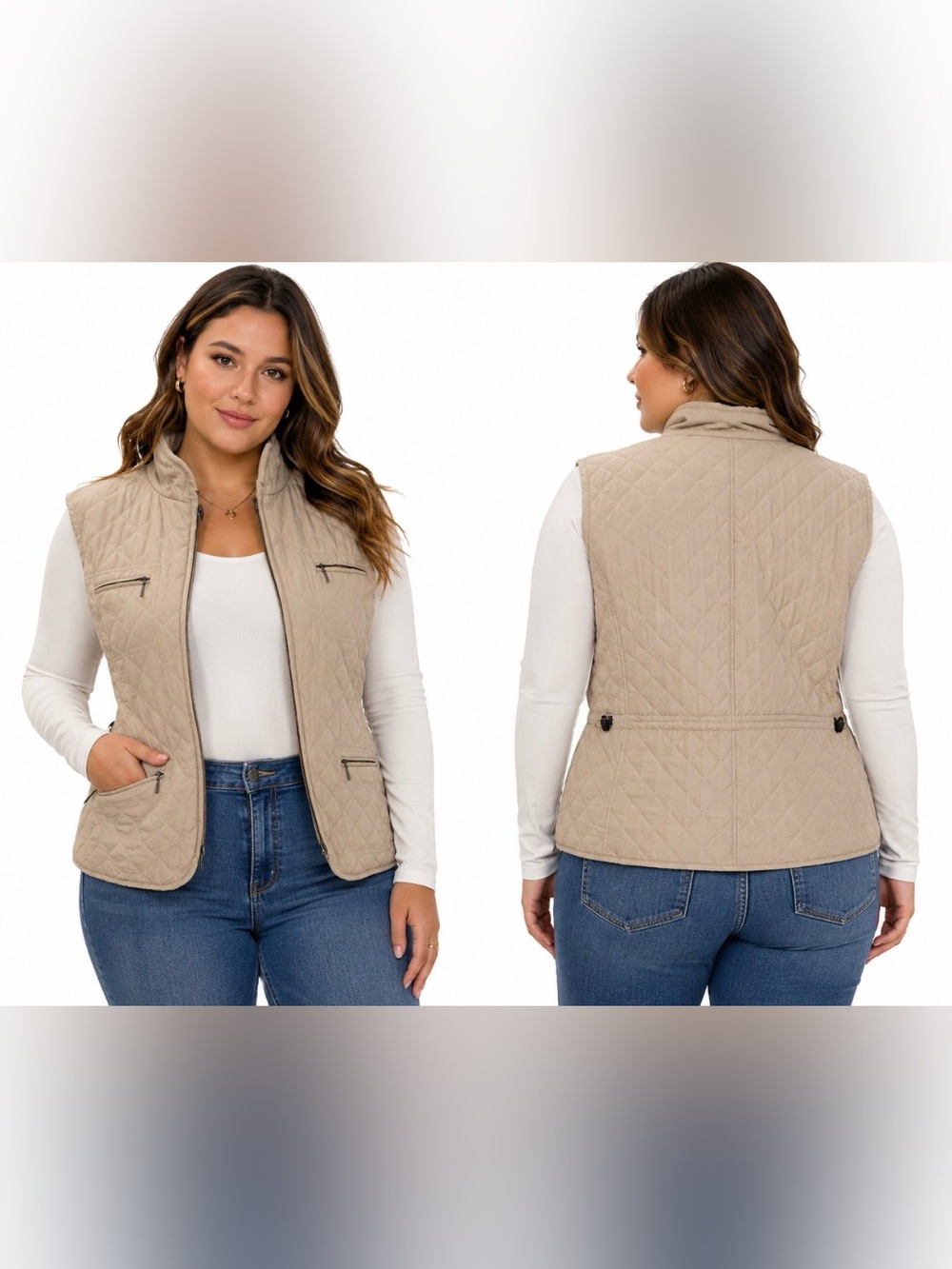 Faux Suede croft & barrow Quilted Beige Zip-Front Women's Vest